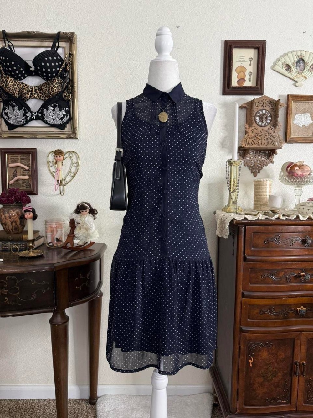 Dainty twee girly grunge preppy coquette navy blue and white polkadot drop waist